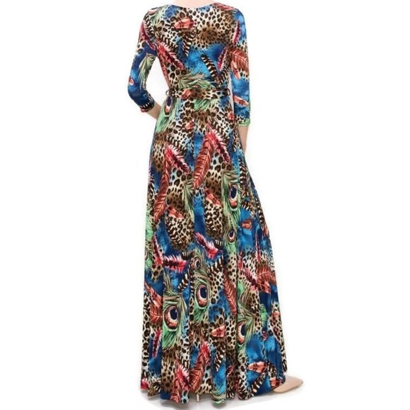 Janette Fashion Peacock Leopard Feathers Faux Wrap Maxi Dress - Picture 3 of 4